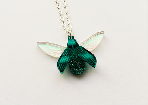 teal glitterbug pendant