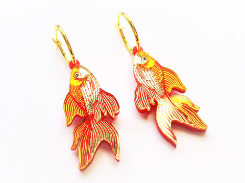 acrylic goldfish earrings on gold hoops