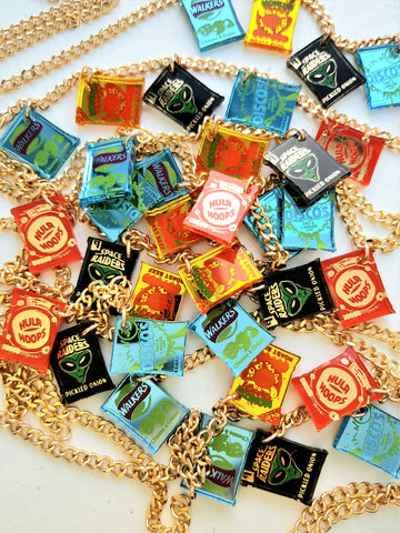 Snack Pattern Chain Snack charm necklace for snaccs, packets of crisps on a gold chain