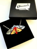 Tiger moth necklace in black Obscenerie gift box.